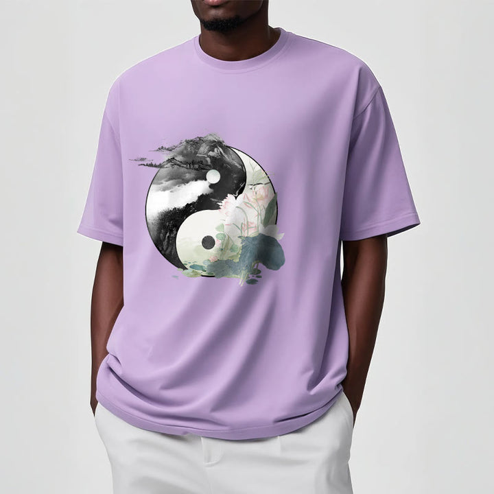 Buddha Stones陰陽 蓮の葉 水墨画 コットンTシャツ - image 20