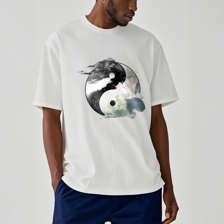 Buddha Stones陰陽 蓮の葉 水墨画 コットンTシャツ - image 10