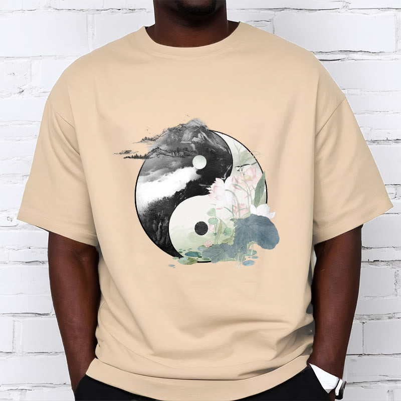 Buddha Stones陰陽 蓮の葉 水墨画 コットンTシャツ - image 14
