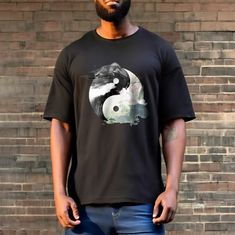 Buddha Stones陰陽 蓮の葉 水墨画 コットンTシャツ - image 4