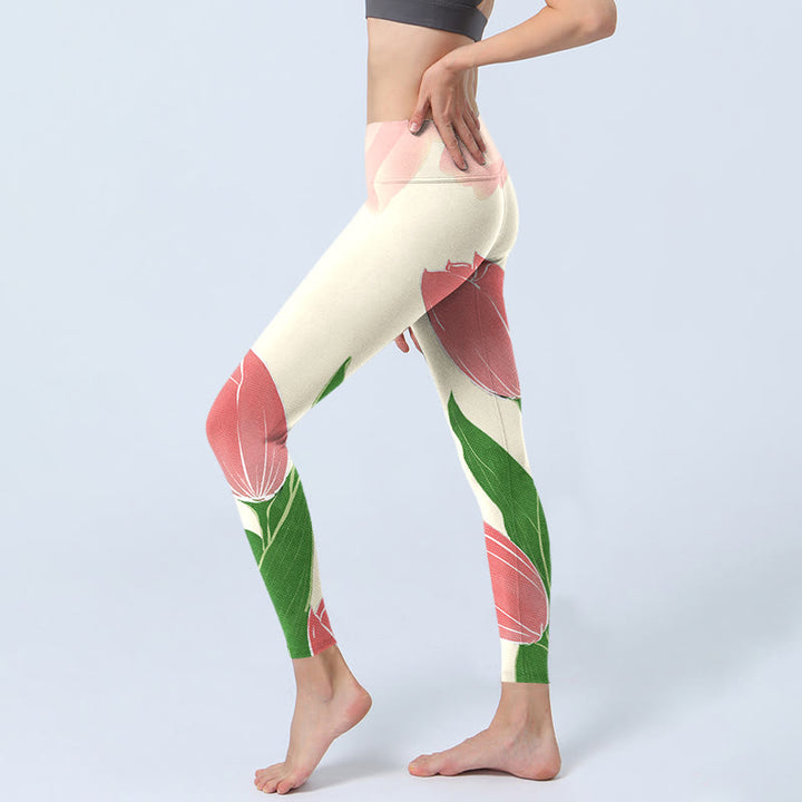 Buddha Stonesピンク チューリップ フラワープリント ジム フィットネス レギンス レディース ヨガパンツ - image 4