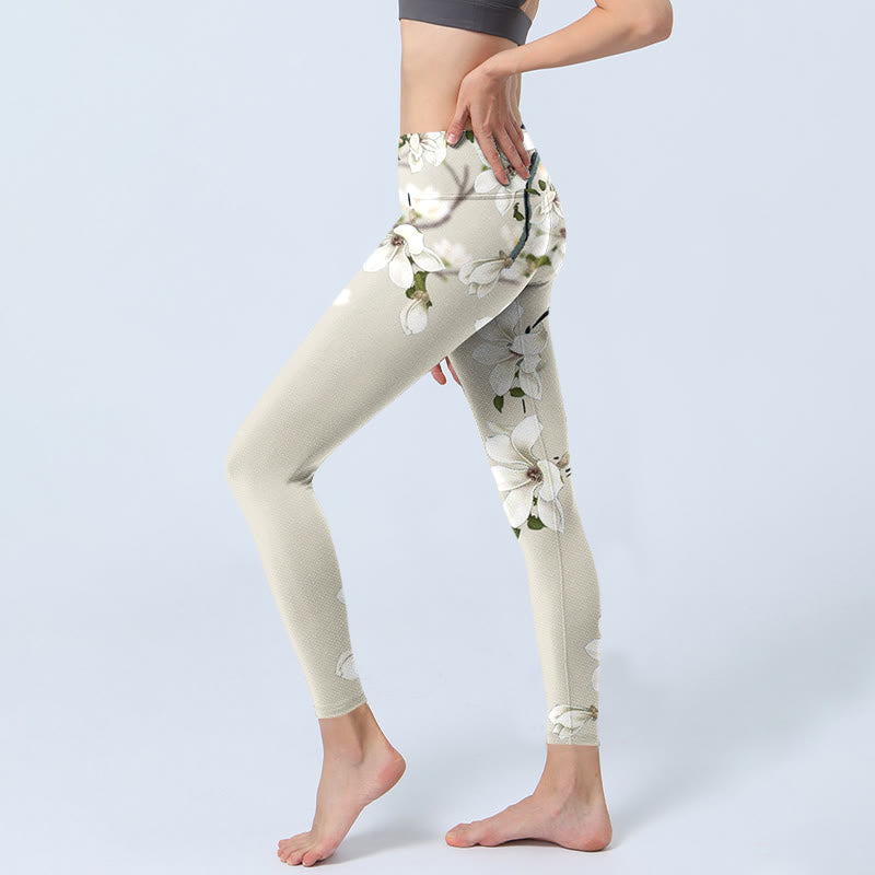 Buddha Stonesホワイト マグノリア フラワープリント スポーツ フィットネス レギンス レディース ヨガパンツ - image 3