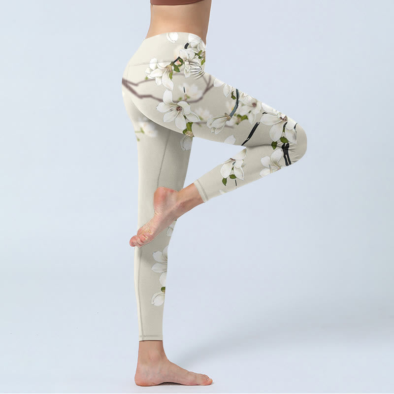 Buddha Stonesホワイト マグノリア フラワープリント スポーツ フィットネス レギンス レディース ヨガパンツ - image 4