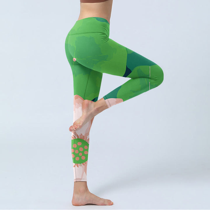 Buddha Stonesグリーン 蓮の花 葉 プリント スポーツ フィットネス レギンス レディース ヨガパンツ - image 4