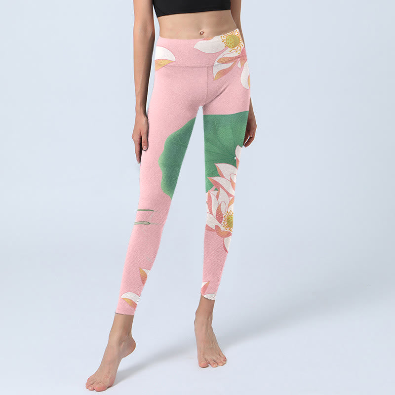 Buddha Stonesピンク 蓮の花 葉 プリント ジム フィットネス レギンス レディース ヨガパンツ - image 6
