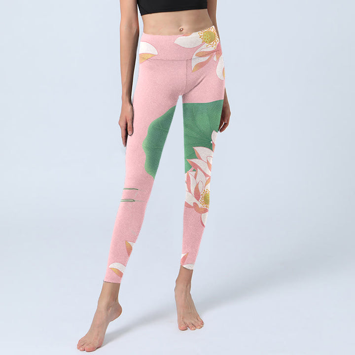 Buddha Stonesピンク 蓮の花 葉 プリント ジム フィットネス レギンス レディース ヨガパンツ - image 6