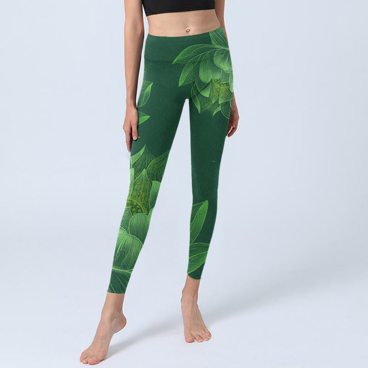 Buddha Stonesダークグリーン 蓮の花 葉 プリント ジム フィットネス レギンス レディース ヨガパンツ - image 7