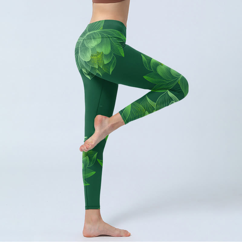 Buddha Stonesダークグリーン 蓮の花 葉 プリント ジム フィットネス レギンス レディース ヨガパンツ - image 5