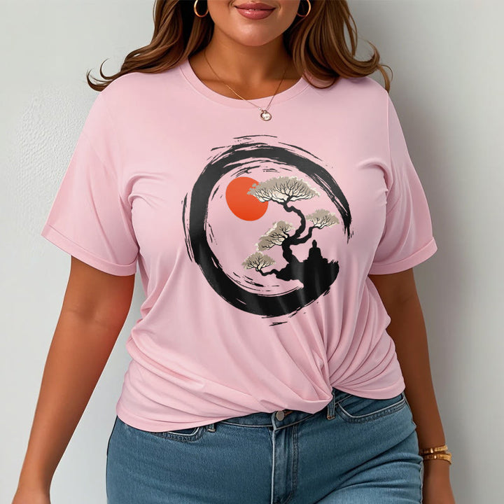 Buddha Stones、赤い太陽、松、禅サークル、瞑想、仏陀Tシャツ