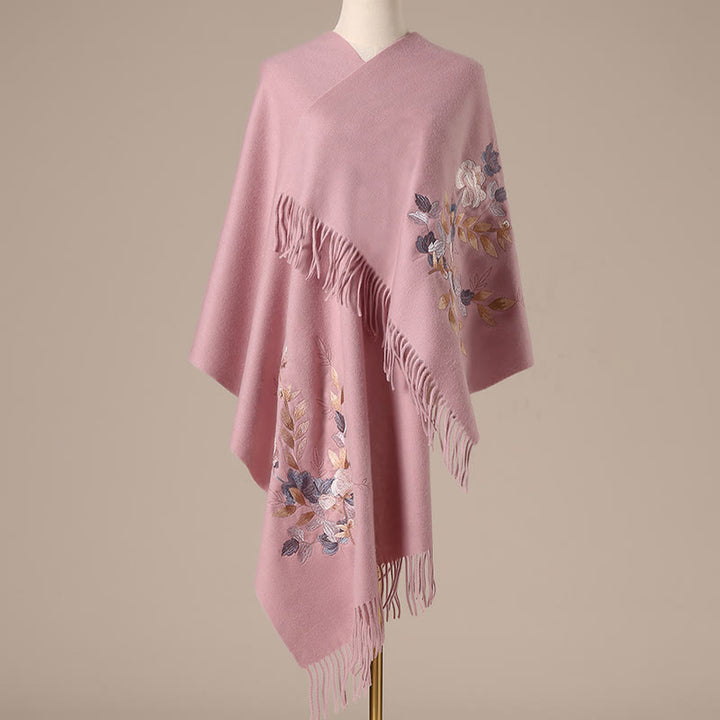 Buddha Stonesウールショール ホワイト ピンク 花 金色の葉 刺繍 タッセル 冬 心地よい 旅行用 スカーフ ラップ - ライトピンク - 200×60cm - image 9