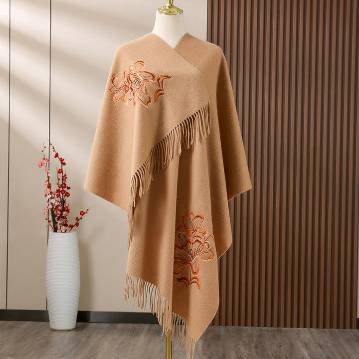 Buddha Stonesウールショール ユリ刺繍タッセル 冬用 心地よい旅行用スカーフ ラップ