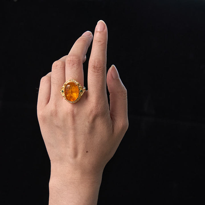 Buddha Stones琥珀の花鳩の卵模様フォーカスリング
