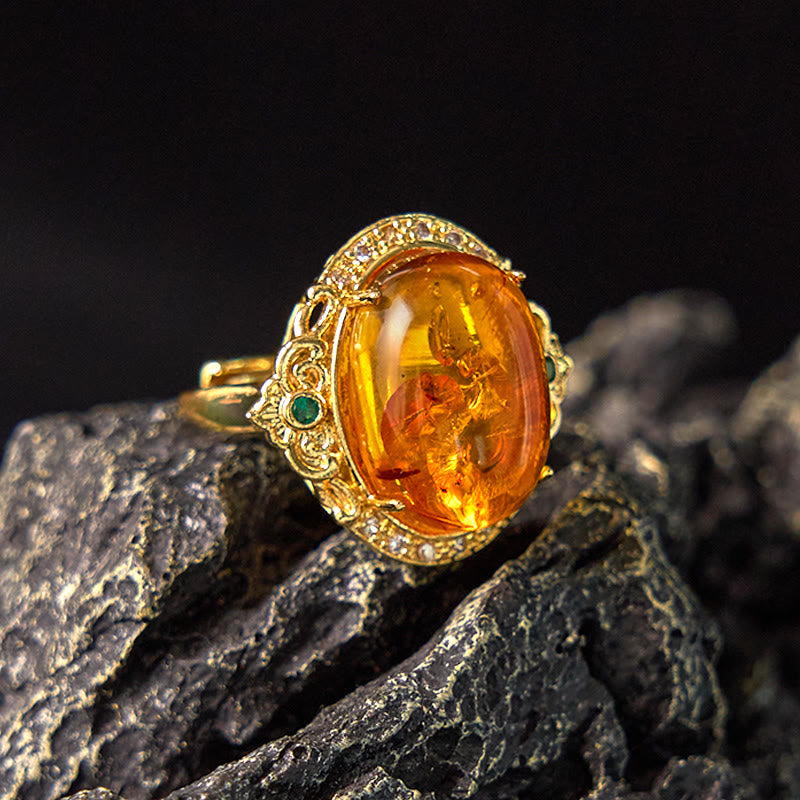 Buddha Stones琥珀の花鳩の卵模様フォーカスリング