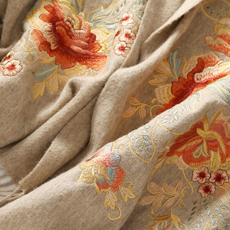 Buddha Stonesウールショール 赤い花と葉の刺繍タッセル 冬用 心地よい旅行用スカーフ ラップ - image 8