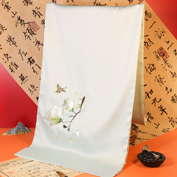 Buddha Stonesポリエステルショール玉蘭蝶竹カササギ蘇州刺繍冬心地旅行スカーフラップ - リネングリーンユランバタフライ 183×32cm - image 0