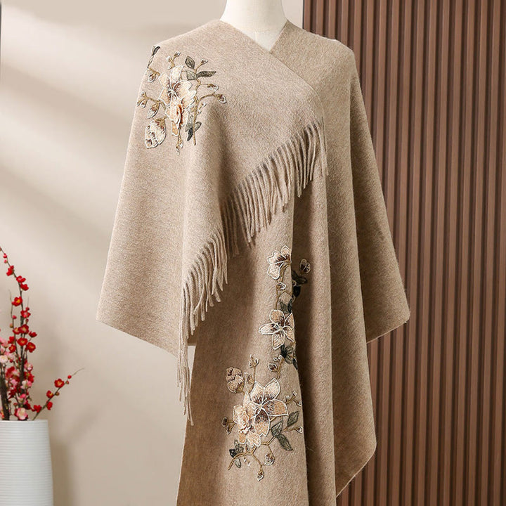 Buddha Stonesウールショール ホワイト オレンジフラワー刺繍タッセル 冬用 心地よい旅行用スカーフラップ - タン - 200×60cm - image 2