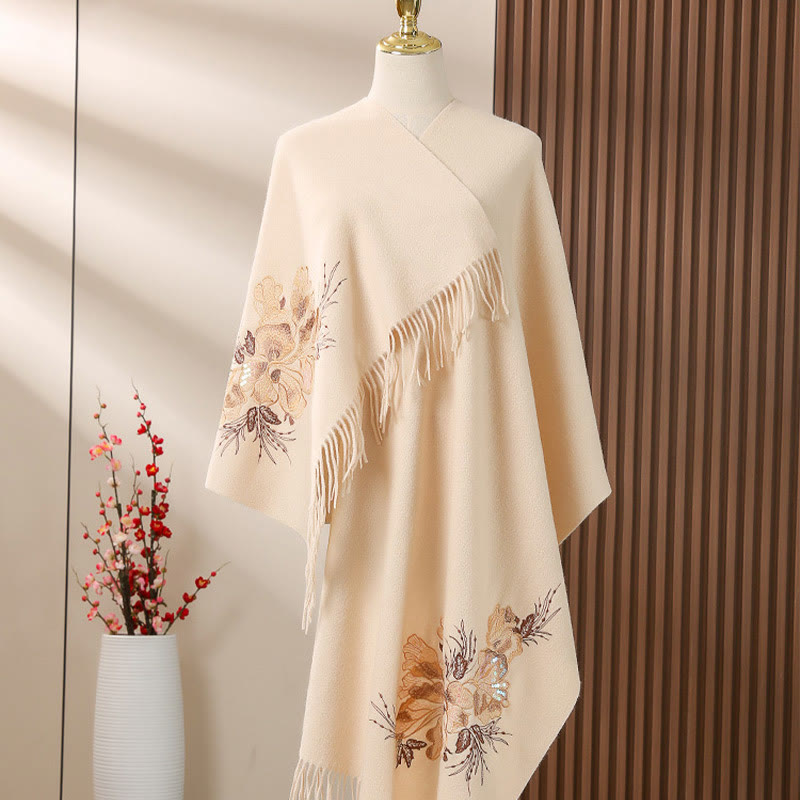 Buddha Stonesウールショールフラワースパンコール刺繍タッセル冬用快適トラベルスカーフラップ - ピーチパフ - 200×60cm - image 6