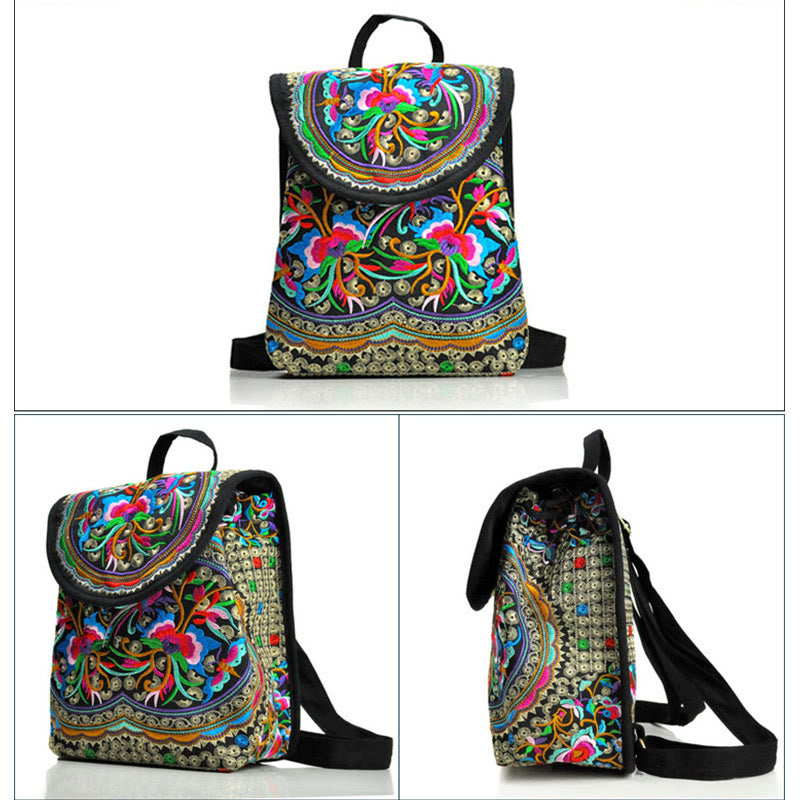 Buddha Stones牡丹と中国の金のなる木刺繍キャンバスバックパック
