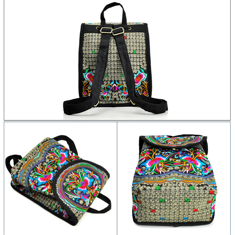 Buddha Stones牡丹と中国の金のなる木刺繍キャンバスバックパック