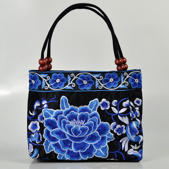 Buddha Stones、金のなる木、牡丹、鳳凰、リンゴの花、両面刺繍、コットンキャンバス、ショッピングバッグ、ハンドバッグ