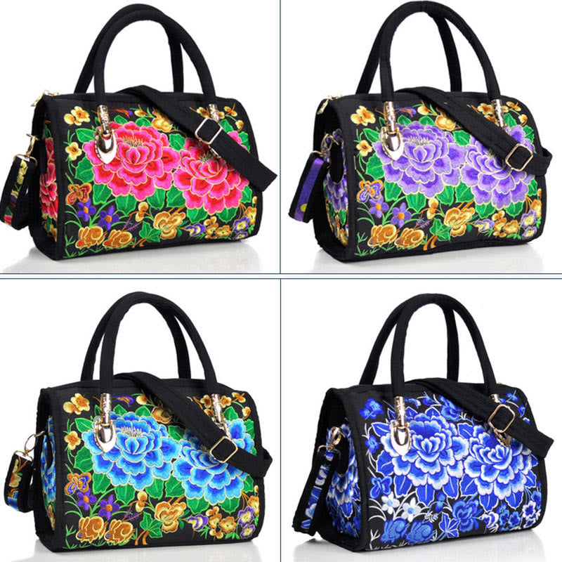 Buddha Stones、金のなる木、牡丹、椿、両面刺繍、キャンバス、ショッピングバッグ、ハンドバッグ、クロスボディバッグ