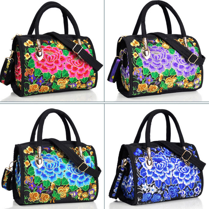 Buddha Stones、金のなる木、牡丹、椿、両面刺繍、キャンバス、ショッピングバッグ、ハンドバッグ、クロスボディバッグ