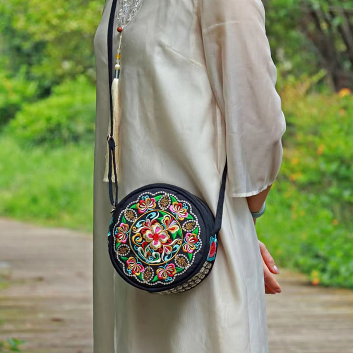 Buddha Stones、金のなる木、ガルサン、イヌラの花、牡丹、バラ、孔雀、両面刺繍、キャンバス、ショッピングバッグ、ハンドバッグ、クロスボディバッグ