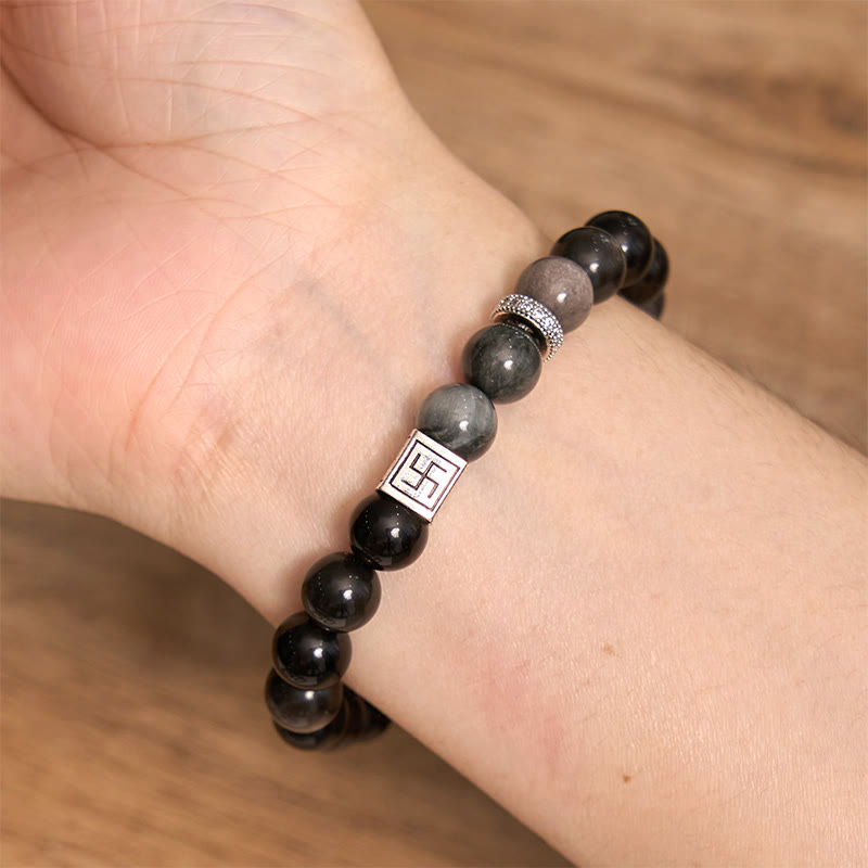 Buddha Stonesブラックオブシディアン イーグルアイストーン 強さと勇気のブレスレット
