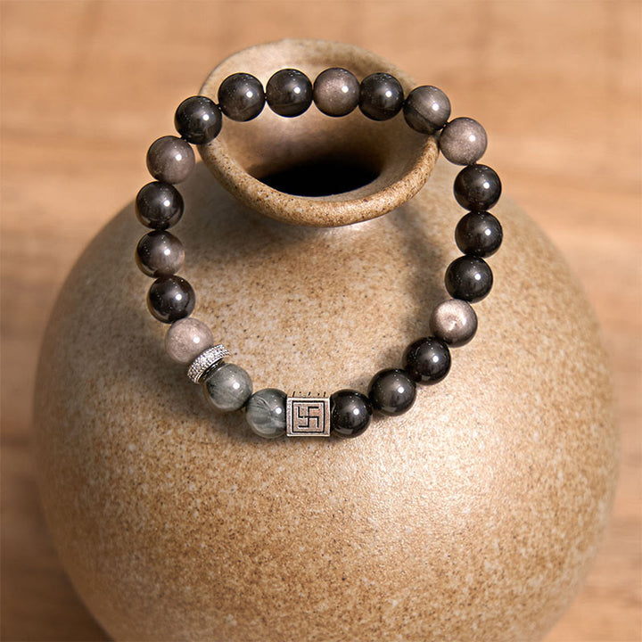 Buddha Stonesブラックオブシディアン イーグルアイストーン 強さと勇気のブレスレット