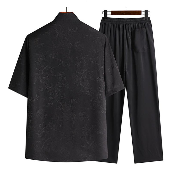 Buddha Stones石竹桃の花唐装漢服伝統制服半袖トップスパンツ衣類メンズセット