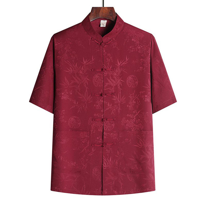 Buddha Stones石竹桃の花唐装漢服伝統制服半袖トップスパンツ衣類メンズセット - レッドトップ - US/UK/AU42、 EU52 (3XL) - image 6