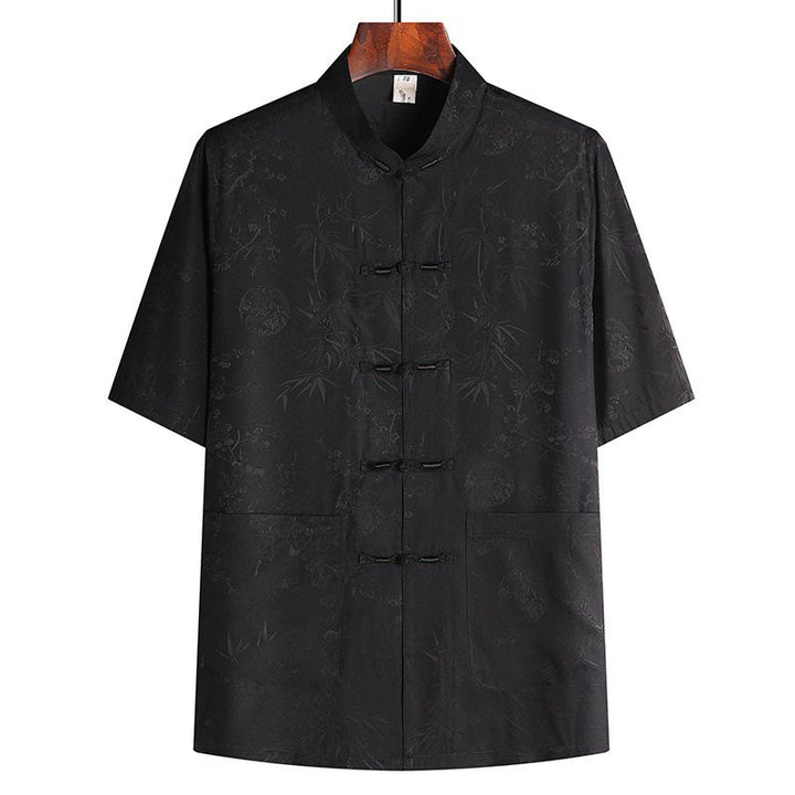 Buddha Stones石竹桃の花唐装漢服伝統制服半袖トップスパンツ衣類メンズセット