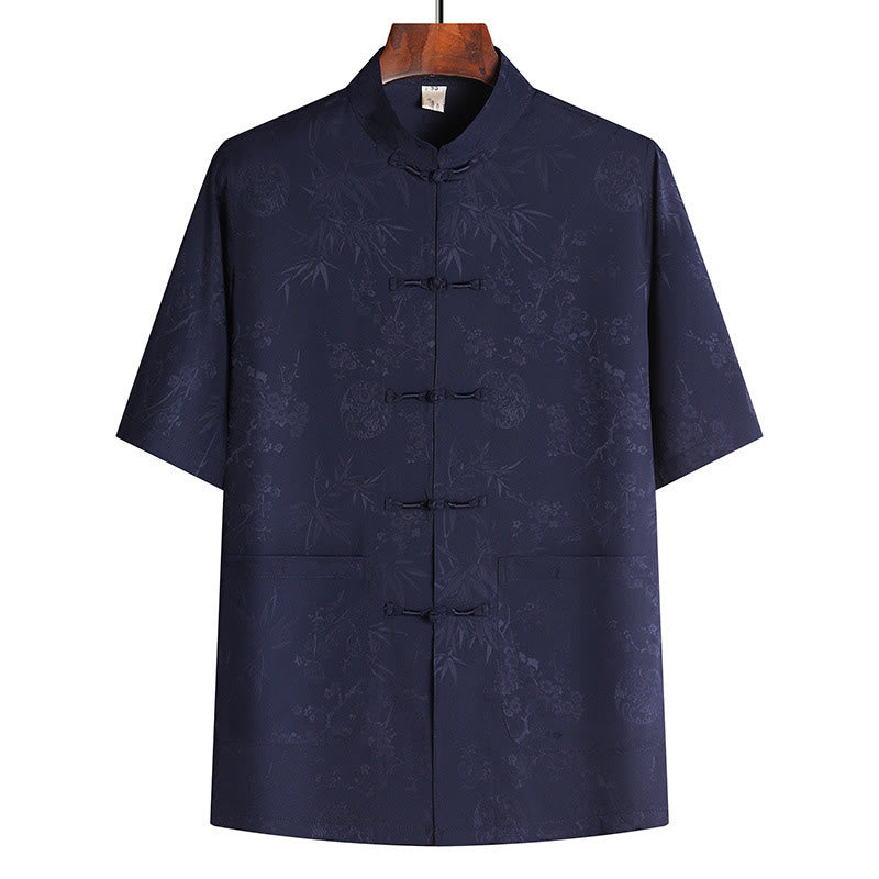Buddha Stones石竹桃の花唐装漢服伝統制服半袖トップスパンツ衣類メンズセット