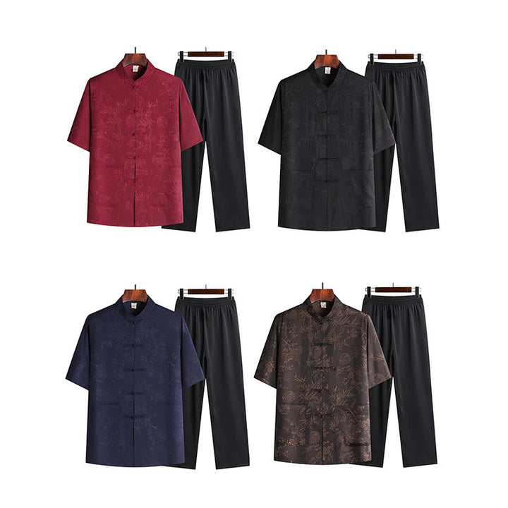Buddha Stones石竹桃の花唐装漢服伝統制服半袖トップスパンツ衣類メンズセット