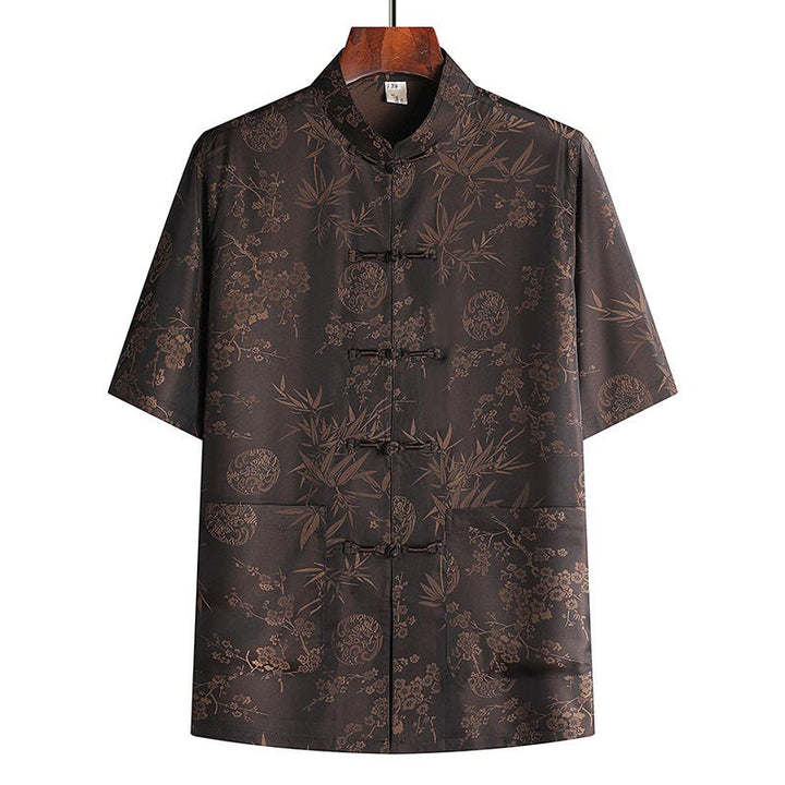 Buddha Stones石竹桃の花唐装漢服伝統制服半袖トップスパンツ衣類メンズセット