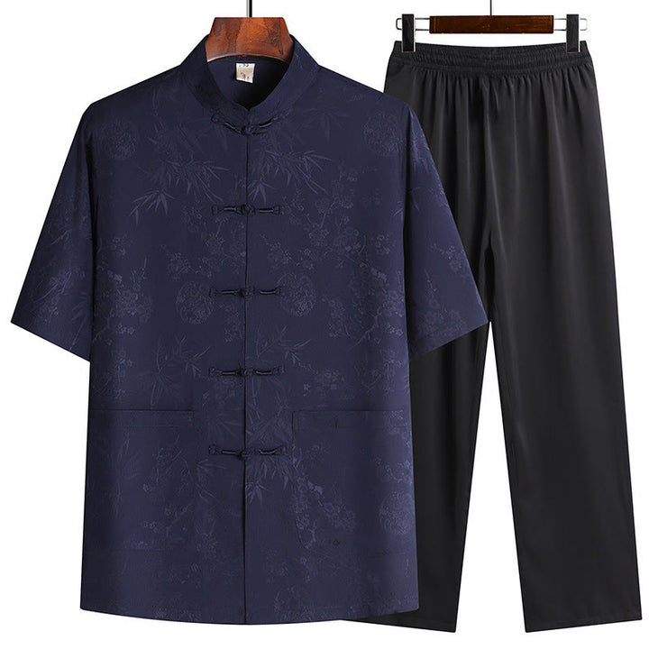 Buddha Stones石竹桃の花唐装漢服伝統制服半袖トップスパンツ衣類メンズセット
