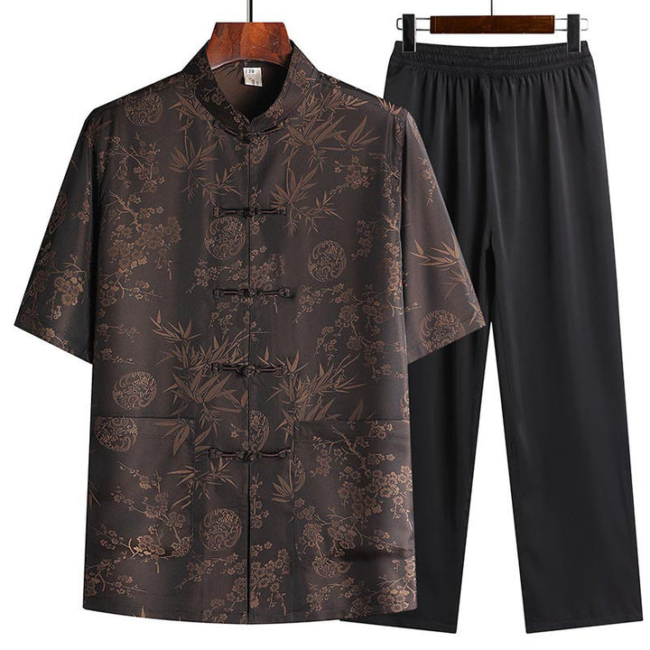 Buddha Stones石竹桃の花唐装漢服伝統制服半袖トップスパンツ衣類メンズセット