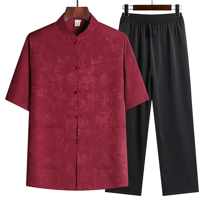 Buddha Stones石竹桃の花唐装漢服伝統制服半袖トップスパンツ衣類メンズセット