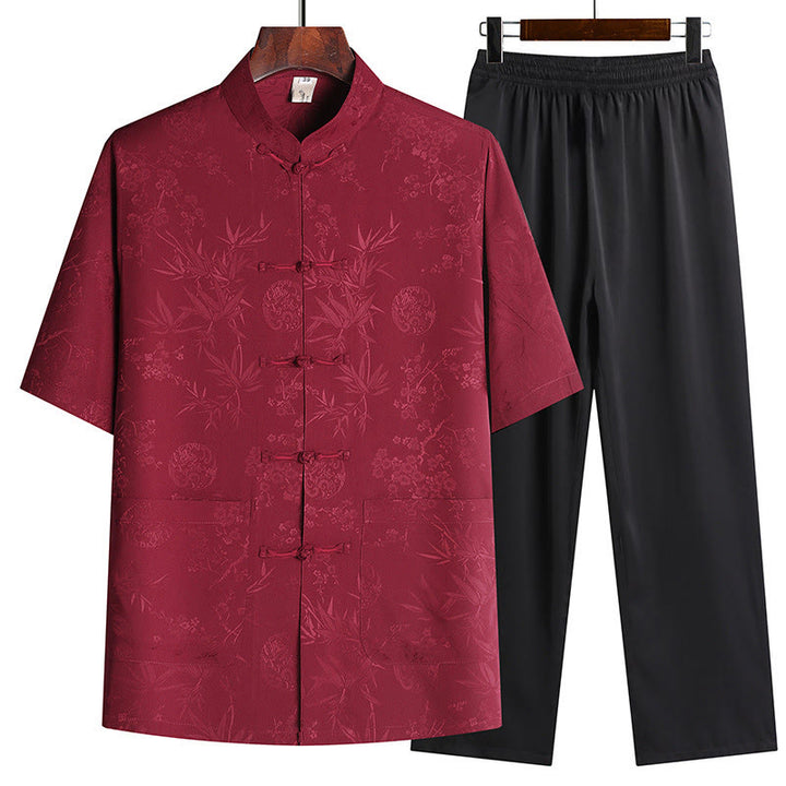 Buddha Stones石竹桃の花唐装漢服伝統制服半袖トップスパンツ衣類メンズセット
