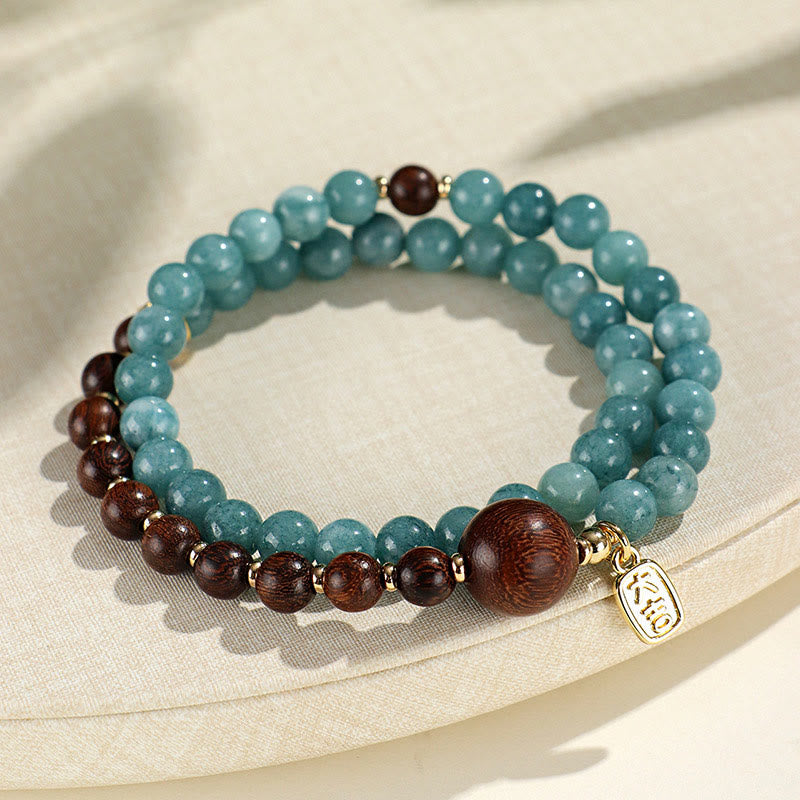 Buddha Stonesブルーカルセドニー グリーンサンダルウッド スモールリーフ レッドサンダルウッド ダブルラップ 感情バランスブレスレット