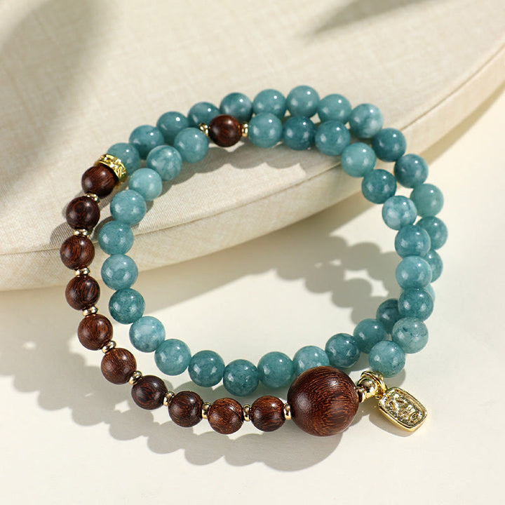 Buddha Stonesブルーカルセドニー グリーンサンダルウッド スモールリーフ レッドサンダルウッド ダブルラップ 感情バランスブレスレット