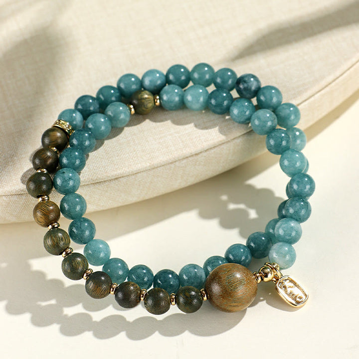 Buddha Stonesブルーカルセドニー グリーンサンダルウッド スモールリーフ レッドサンダルウッド ダブルラップ 感情バランスブレスレット