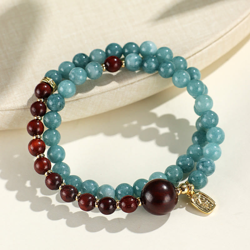 Buddha Stonesブルーカルセドニー グリーンサンダルウッド スモールリーフ レッドサンダルウッド ダブルラップ 感情バランスブレスレット
