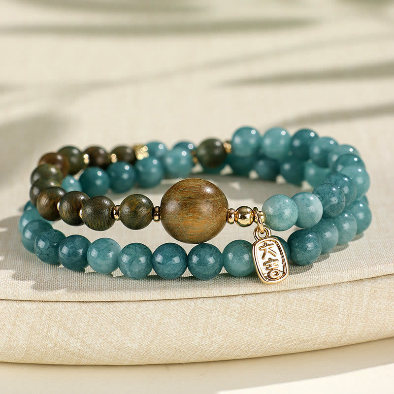 Buddha Stonesブルーカルセドニー グリーンサンダルウッド スモールリーフ レッドサンダルウッド ダブルラップ 感情バランスブレスレット