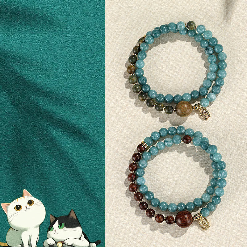 Buddha Stonesブルーカルセドニー グリーンサンダルウッド スモールリーフ レッドサンダルウッド ダブルラップ 感情バランスブレスレット