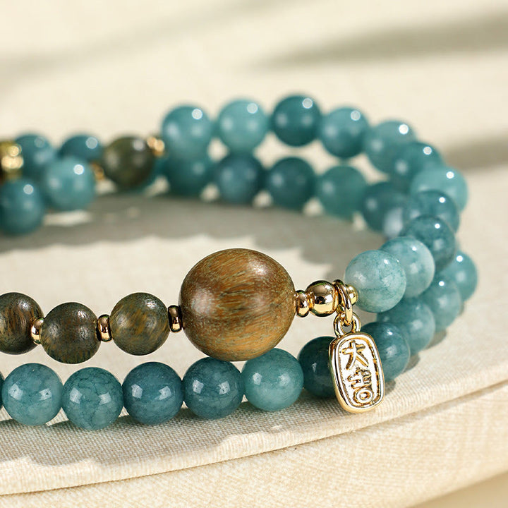 Buddha Stonesブルーカルセドニー グリーンサンダルウッド スモールリーフ レッドサンダルウッド ダブルラップ 感情バランスブレスレット