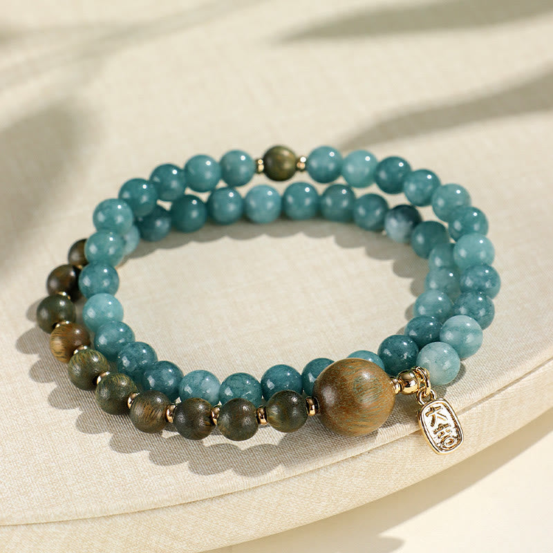 Buddha Stonesブルーカルセドニー グリーンサンダルウッド スモールリーフ レッドサンダルウッド ダブルラップ 感情バランスブレスレット