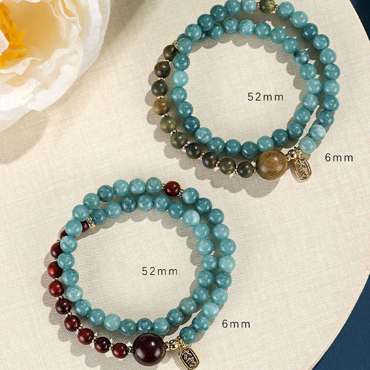 Buddha Stonesブルーカルセドニー グリーンサンダルウッド スモールリーフ レッドサンダルウッド ダブルラップ 感情バランスブレスレット
