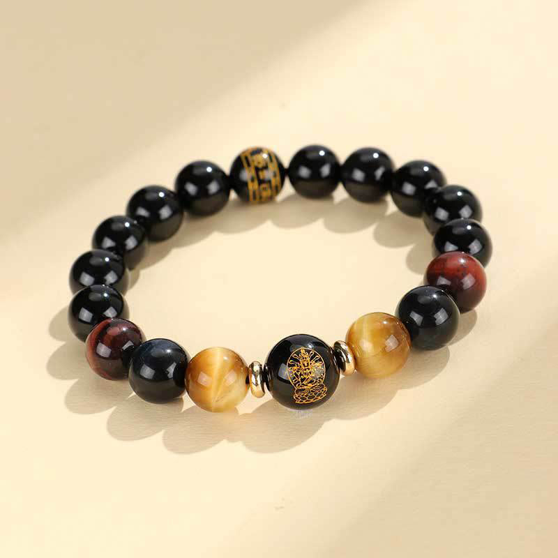 Buddha Stonesブラックオニキス タイガーアイオーム・マニ・パドメ・フム十二支誕生仏サポートブレスレット