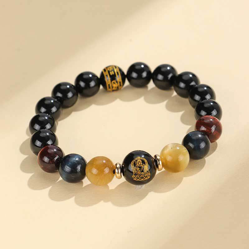 Buddha Stonesブラックオニキス タイガーアイオーム・マニ・パドメ・フム十二支誕生仏サポートブレスレット